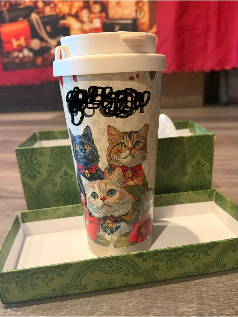 White Cat Travel Mug with Colorful Cat Artwork